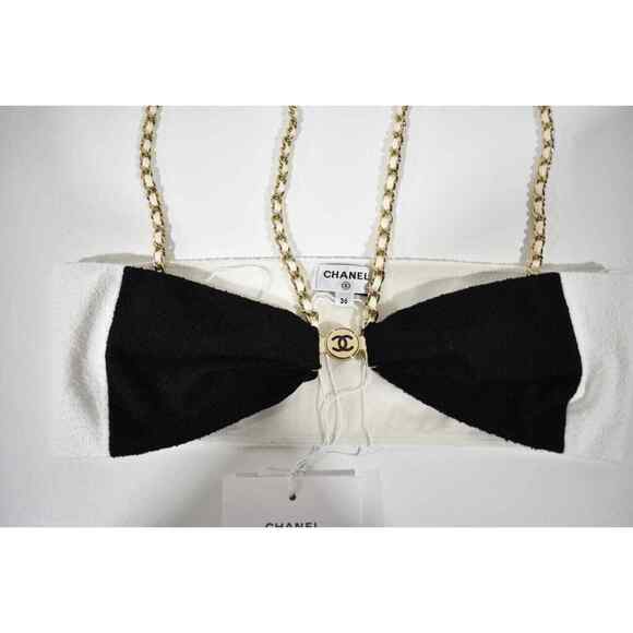 Chanel 22S Runway Black White Gold Chain CC Logo Stretch Cotton Crepe Top Bra 36 - Picture 4 of 12